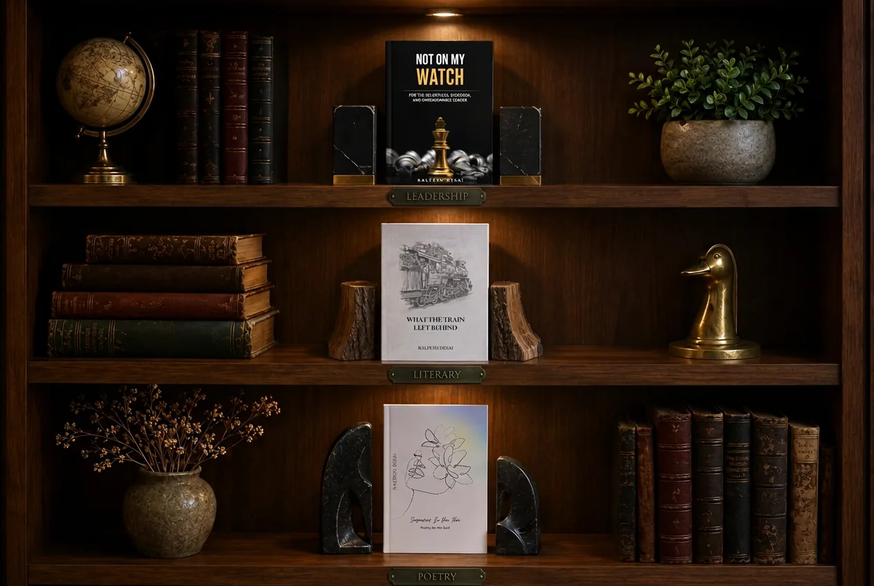 Kalpesh Desai's bookcase — three shelves: Leadership, Literary Fiction, Poetry.