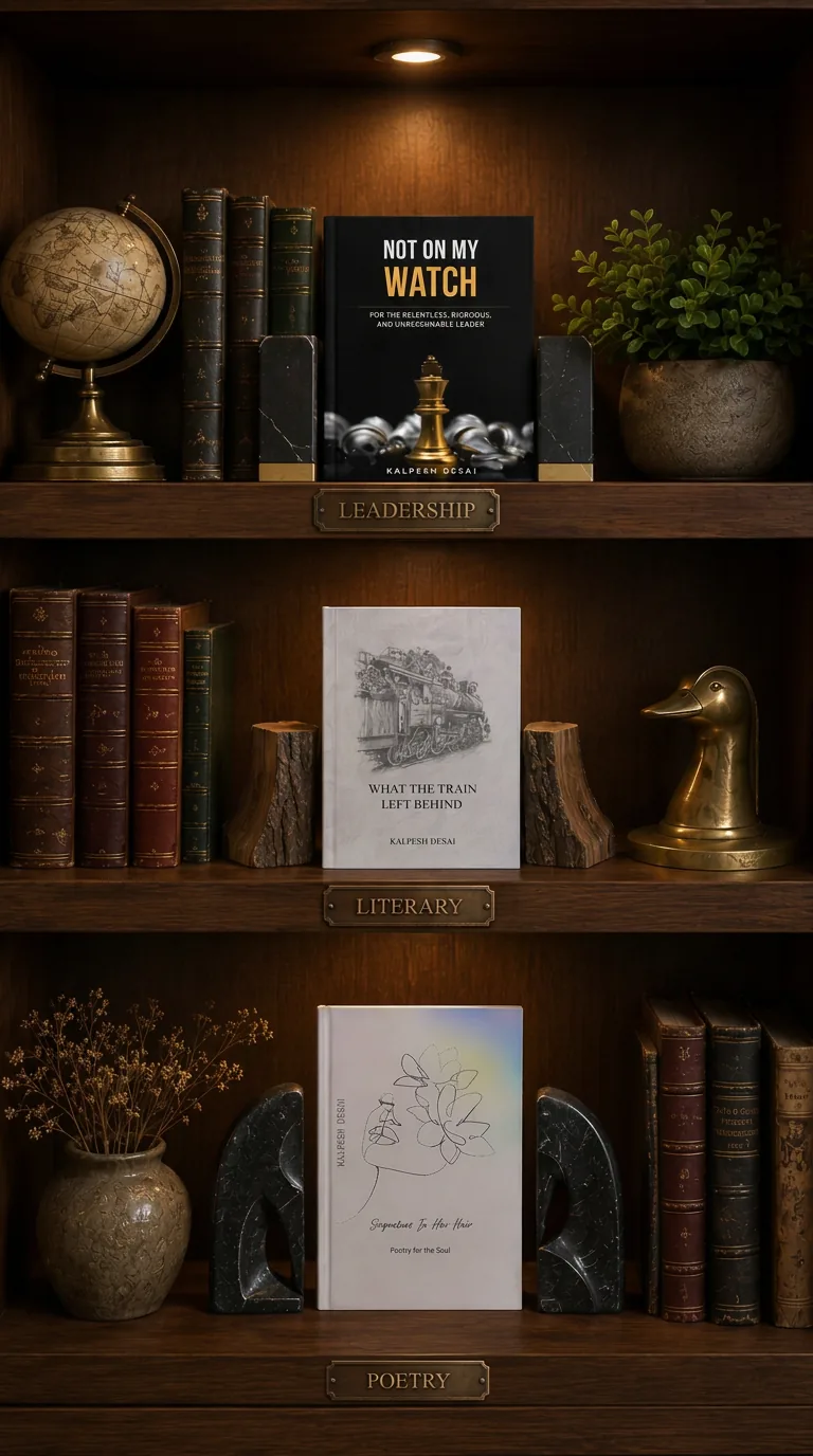 Kalpesh Desai's bookcase — three shelves: Leadership, Literary Fiction, Poetry.